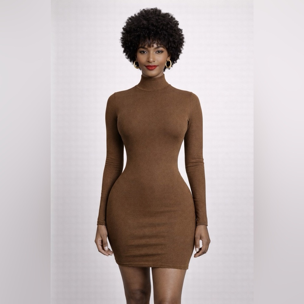 NEW! High Neck Ribbed Knit Long Sleeve Bodycon Mini Dress